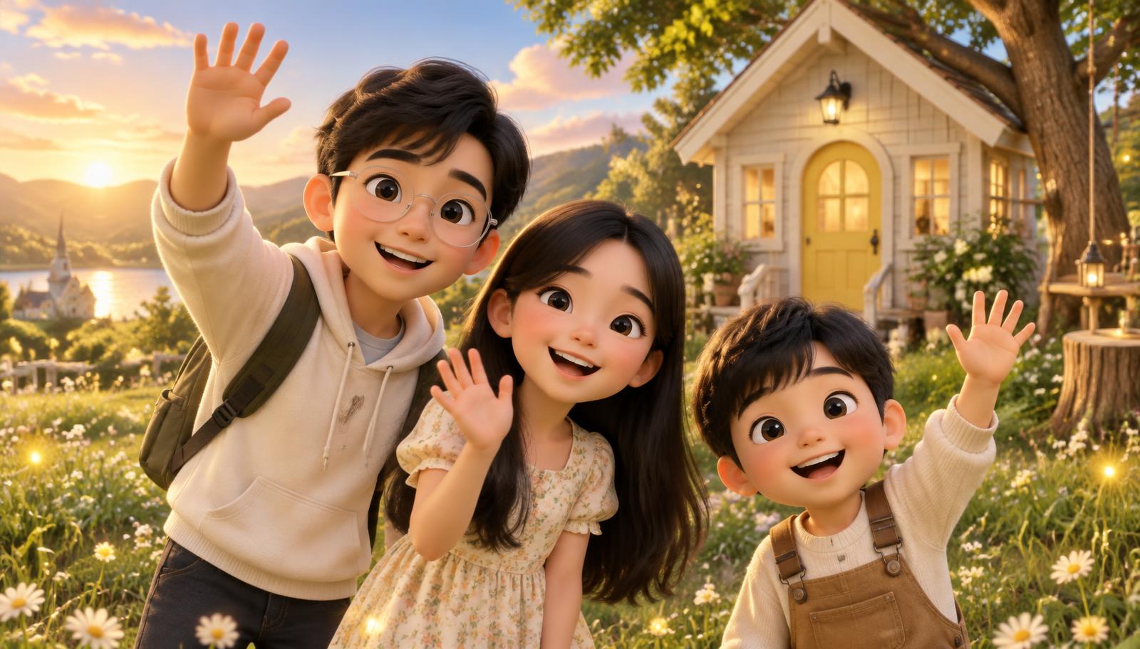 Three Little Lights friends waving in a sunny meadow